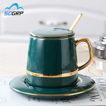 

Retro Luxurious Style Marble Coffee Cup With Spoon Coaster Lid Ceramic Cup Mat Milk Tea Drinkware Mug Gifts Water Bottle Set