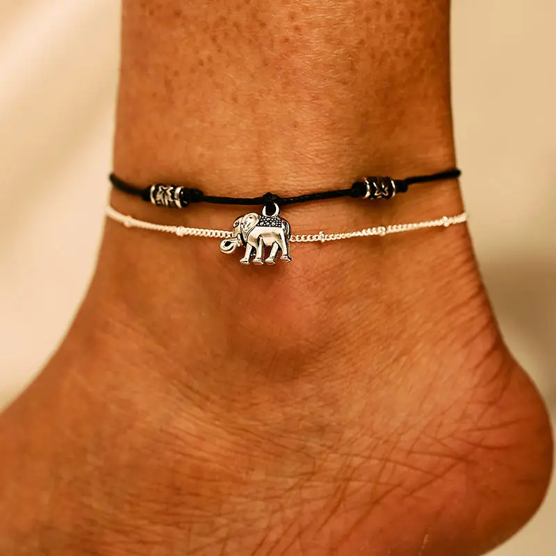 

Doreen Box Anklet Antique Silver Black Elephant Animal /Resin Anklet Green Pentagram Star Adjustable Foot Jewelry, 1 Piece