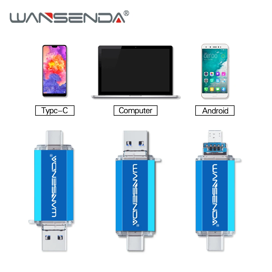 WANSENDA 3 в 1 флеш-накопитель USB 3,0 Тип-C портативный флэш-накопитель 256 ГБ 128 ГБ флэш-накопитель 64 ГБ 32 ГБ оперативной памяти, 16 Гб встроенной памяти, cle usb флеш-накопитель для Android Тип C ПК