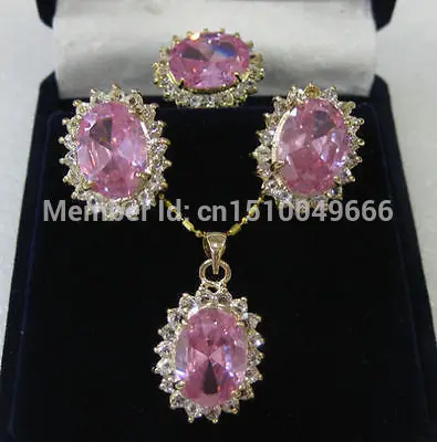 

SU264 Hot sale Jewelry pink crystal pendant necklace ring earring sets Chain