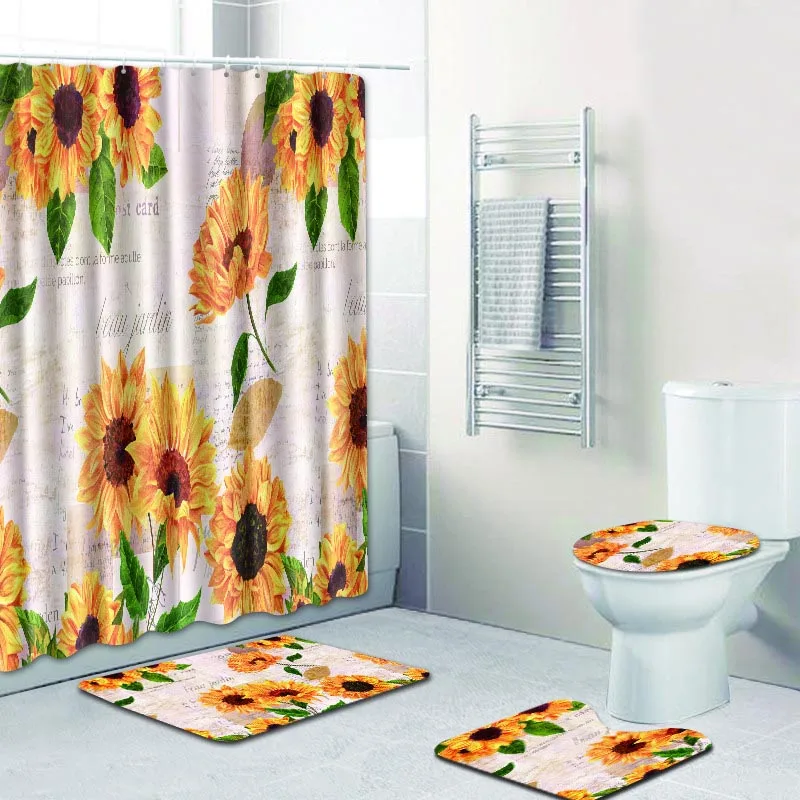 

Sunflower Plant Landscape Print Shower Curtain Bathroom Polyester Fabric Waterproof Washable Curtain Screen Toilet Seat Cover