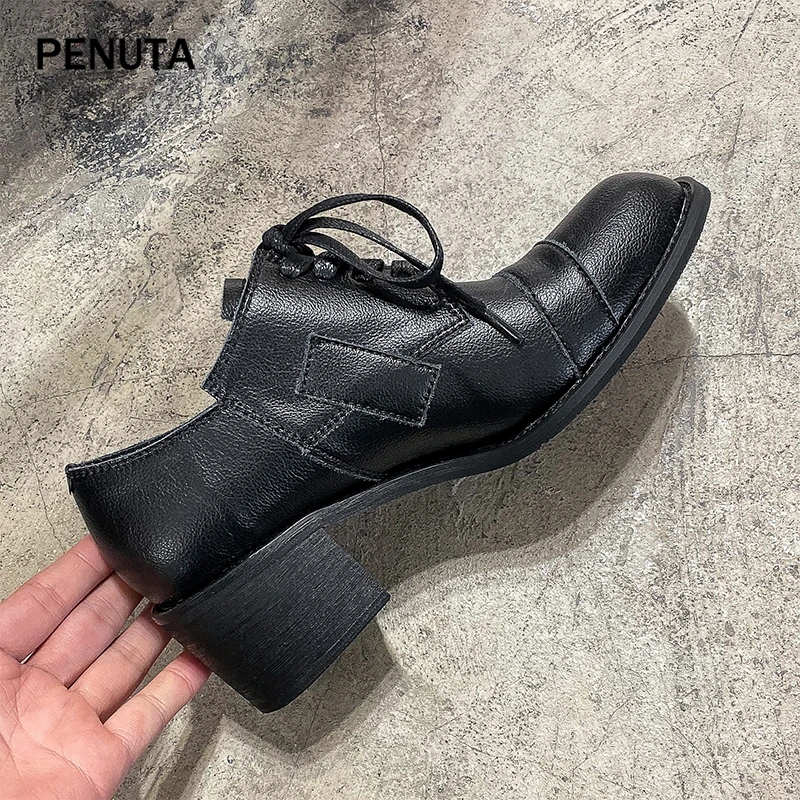 PENUTA/женские туфли-лодочки; женские туфли из натуральной кожи на массивном каблуке; туфли с квадратным носком для подиума; цвет черный, бежевый; модный дизайн; G0018