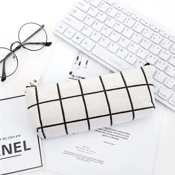 Canvas Geometric Pencil Bag Case School Simple Striped Grid Solid Color Cute Pencil Bag Case Pouch Office Students Kids Supplies pencil cases