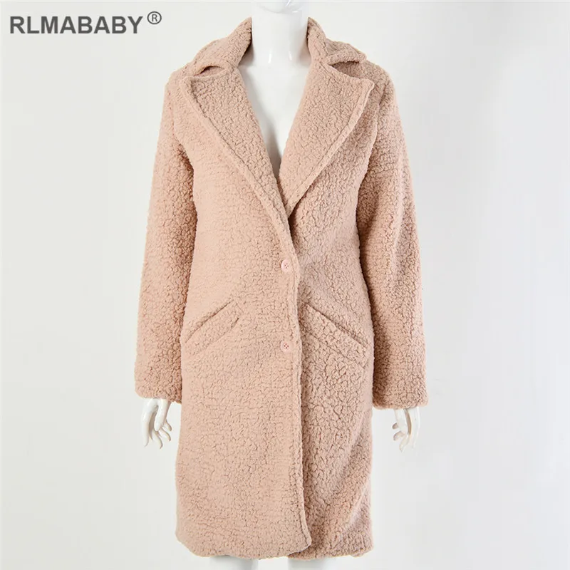 Pink Coat RLMABABY осень зима искусственный мех Тедди женское длинное Пальто однобортное повседневное пальто на пуговицах толстое теплое пушистое женское Верхнее пальто - Цвет: Pink Coat