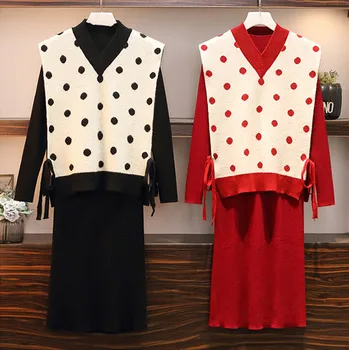 

Runway Women Korean Plus Size Black Red Knit Suit Autumn 2 Piece Set V-Neck Dot Vest Tops + Knitted Sweaters Dress Two Piece Set