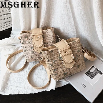 

Handbags Women Summer Straw Bucket Shoulder Bags Fashion Lace Embroidery Shoulder Bags Casual Vacation Beach Bags