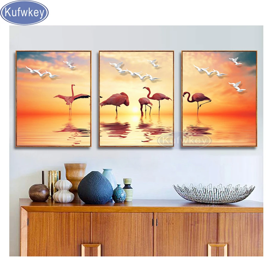 3D Diamond Cross Stitch Flamingo Full Square Diamond Sets,3pcs Decorative Diamond Painting Diamond Embroidery Sunset Landscape
