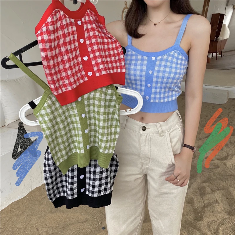 

OUMEA Knitted Plaid Crop Tops Women Buttons Front Strappy Vintage Short Top Summer Check Knitted Camisole Slim Fit Casual Tops