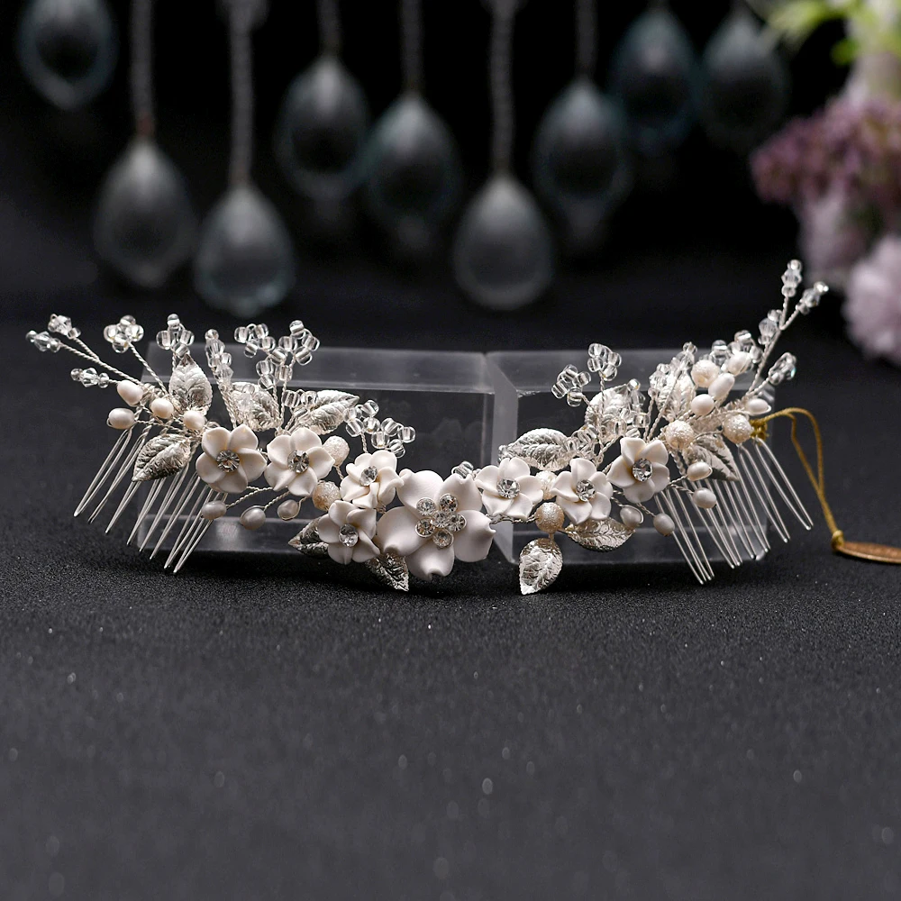 

Silver Bride Headdress Hair Comb Soft Clay Flower and Crystal Wedding Engagement Women Hair Accessories Jewelry Wholesale HP337