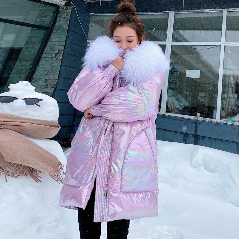 Модная зимняя женская длинная блестящая куртка с большим воротником из