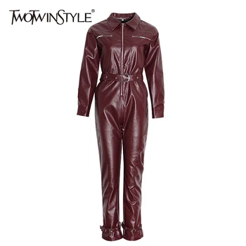 

TWOTWINSTYLE Casual PU Leather Jumpsuits For Women Lapel Collar Long Sleeve High Waist Straight Jumpsuit Female Fashion 2020 New