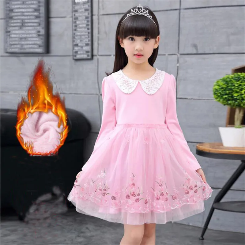 Pink Платья принцессы с цветочным рисунком зимняя одежда для девочек осеннее бархатное платье с длинными рукавами для детей 4, 5, 6, 7, 8, 9, 10, 11, 12 лет - Цвет: Pink