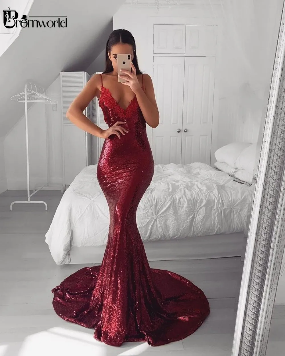 Сексуальное Бордовое платье русалки для выпускного вечера vestidos de fiesta de noche с v-образным вырезом и блестками, вечернее платье с открытой спиной