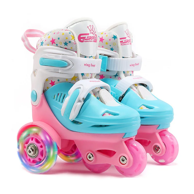 Новые обновленные детские милые стабильные баланс слалом параллельные сверкающие роликовые скейты 4 колеса обувь Регулируемая защиты от падения - Цвет: Pink  31-34