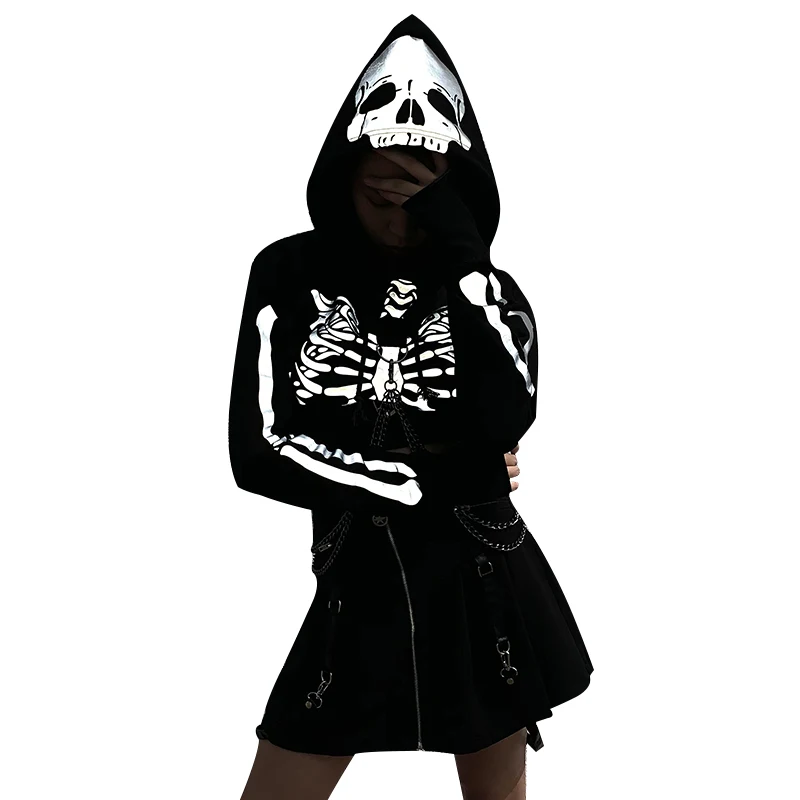 InstaHot готический панк толстовки с капюшоном Женский черный скелет печати Маска с длинным рукавом укороченный топ светоотражающий флэш Хэллоуин Толстовка