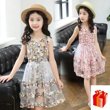 

2018 new summer Princess Dress Girls Clothing floral gauze Sleeveless party Dress Free Shipping
