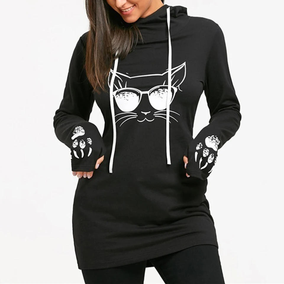  2019 Women Hoodies Long sleeve Sweatshirt Cool Gothic Cat Print Slim Fit Casual Pullover Female Plu