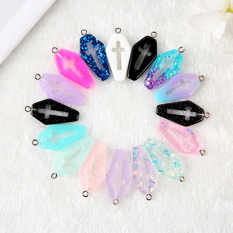 

15Pcs 29*16mm Punk Charms Resin Glitter Coffin Planchette Flatback Cross Accessory for Jewelry DIY Making