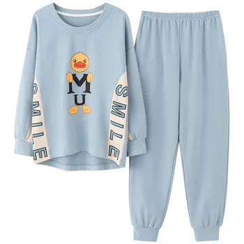 

XIFER Autumn and Winter Cotton Ladies Pajamas Long-sleeved Tops Trousers Casual Sweet Cartoon Can Be Worn Outside Suit Homewear