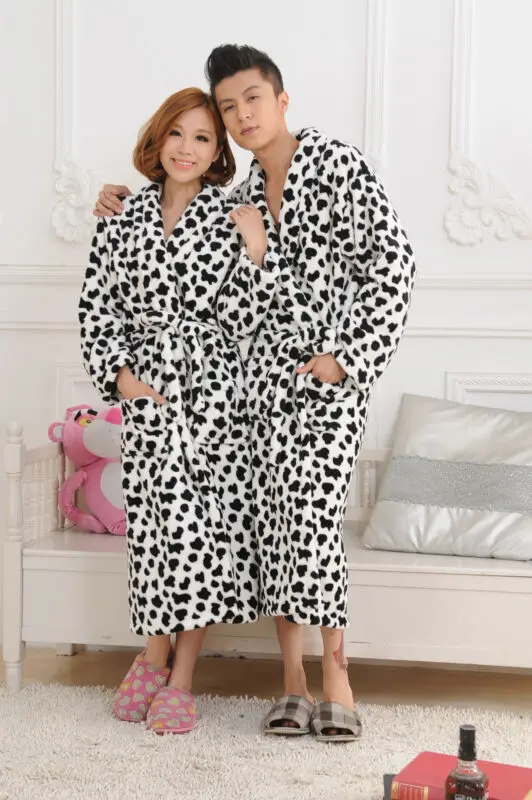 Unisex Men Fashion Flannel Warm Thickening Leopard Print Long Robe Soft Bathrobe Towelling Bath Robe Dressing Gown Nightwear