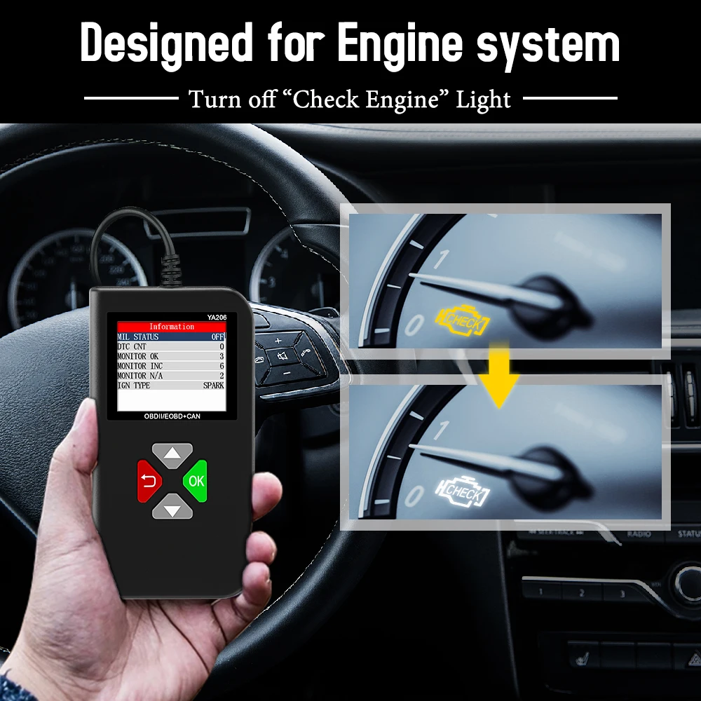 

OBD2 Code Reader YA206 OBDII EOBD Erase Engine Faults Battery Tester Data Stream Lifetime Free Update 12V Car Diagnostic Tool