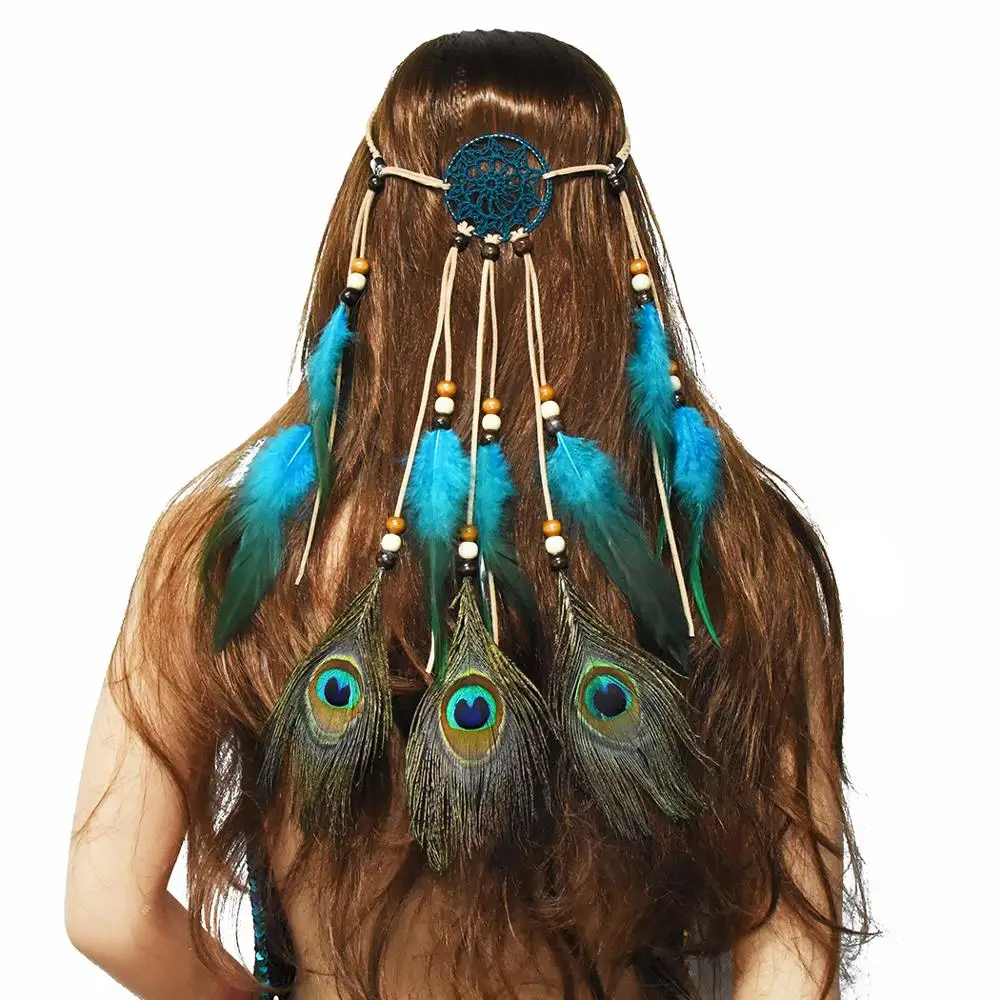 F-0630 Лидер продаж Богемный Хиппи повязка на голову Ловец снов перо Hairband для женщин модная повязка на голову с перьями павлина аксессуары для волос - Окраска металла: F-0630