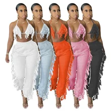 

Summer 2021 Fashion Two Piece Sets Women Solid Tassel Sleeveless Bandage Halter Bra Tops Long Pants Sexy Streetwear Clubwear