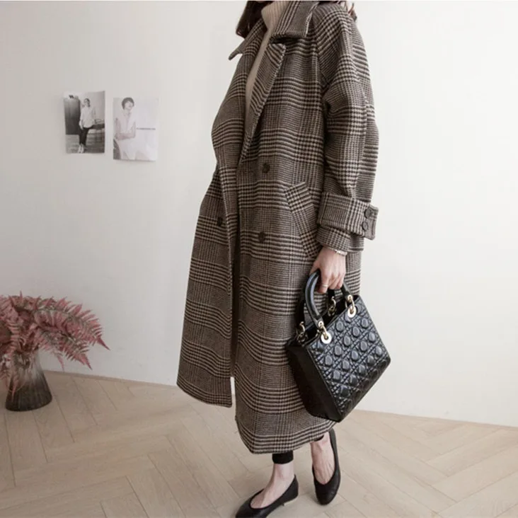 

South Korea Dongdaemun plus Thick Cotton Woolen Jacket Overcoat Women's Mid-length Plaid Woolen Cloth Trench Coat Large Size Win