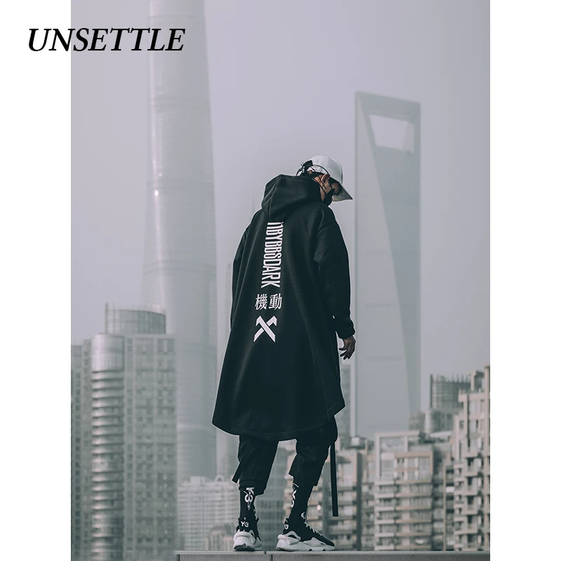  UNSETTLE japanese sweatshirt Mens Oversize Hoodies Long Fleece Cloak Hip Hop Outwear Streetwear Coa