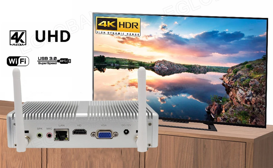 Eglobal Новое поступление DDR4 дешевые безвентиляторный мини ПК Высокая производительность CORE i3 i5 Win10 Linux HTPC с VGA HDMI дисплей Низкая мощность