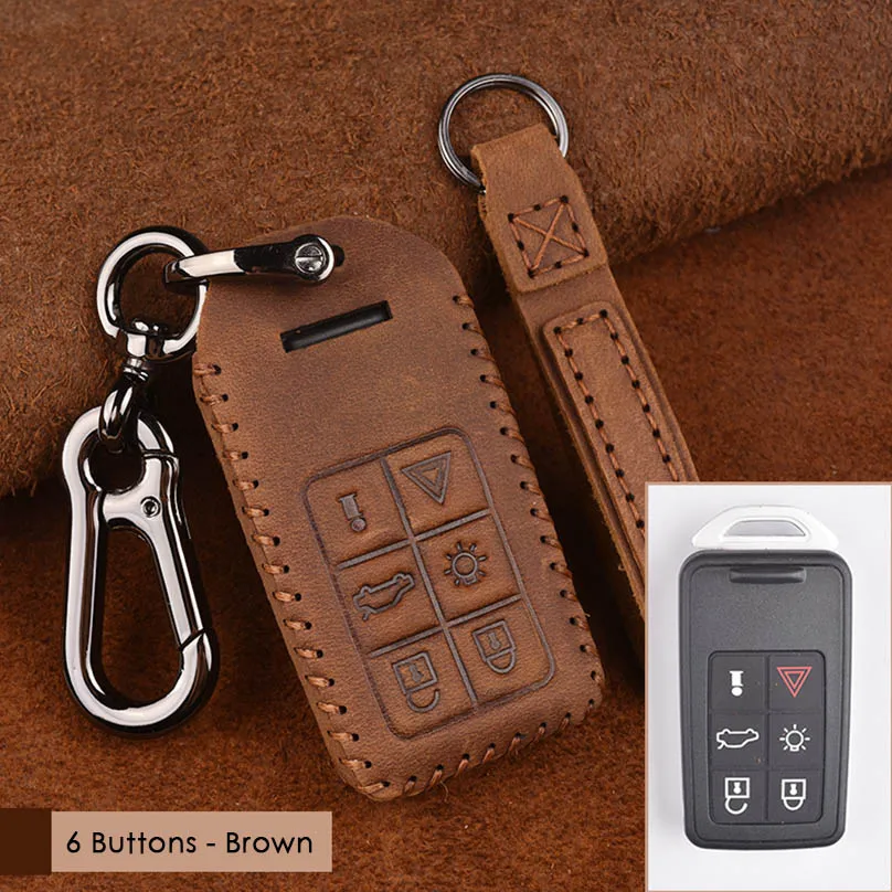 6 Button-Brown 5/6 кнопки из натуральной кожи автомобильный чехол для ключей для Volvo S60 S80 V60 XC60 XC70 Интеллектуальный брелок для стайлинга автомобилей - Название цвета: 6 Button-Brown