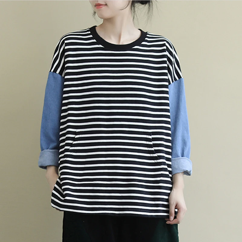 Autumn Loose Leisure Striped O-neck Pockets Plus Size T-shirt New Fashion Patchwork All-match Women Tops T-shirts