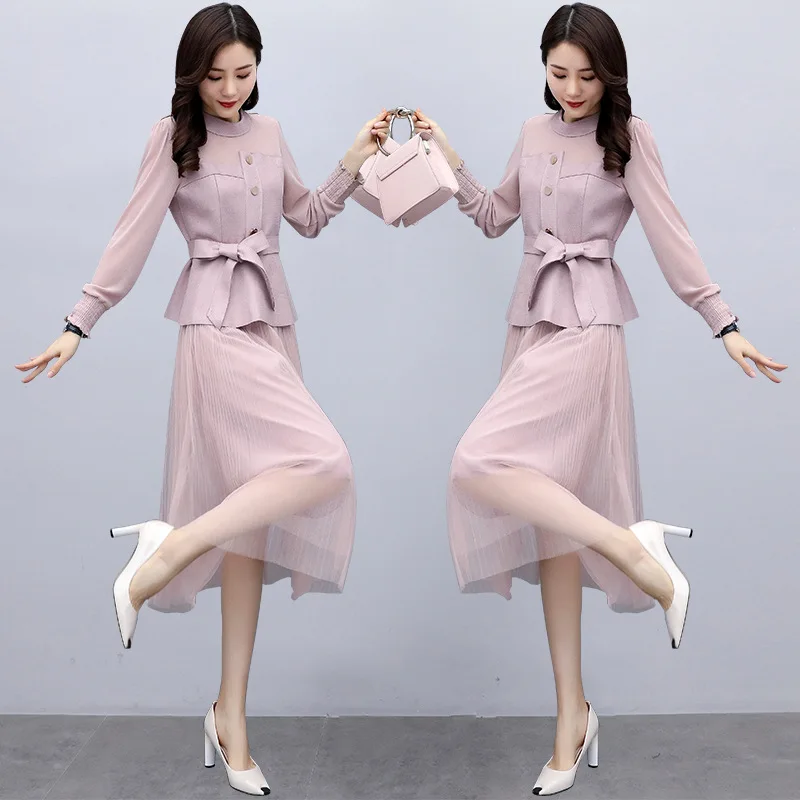 

2020 Spring-Style New Style Suede Joint Long Sleeve Lace-up Slimming Mesh Skirt Fairy Two-Piece Dress