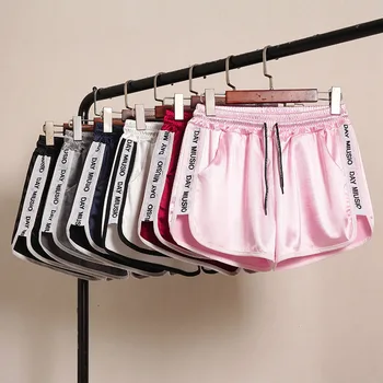 

Sexy Pockets Sashes Chamber Shorts Women Drawstring Loose Shorts Female Satin Plus Size Solid Indoor Sport Letter Summer Beach