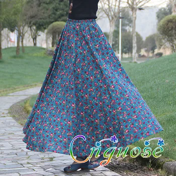 

2020 Female Spring and Summer New Casual Cotton and Linen Fresh Print Big Swing Small Floral Ladies Long Maxi Skirts Womens
