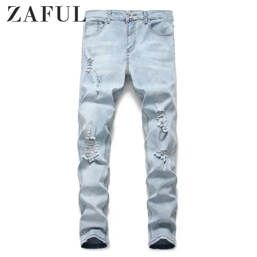 

ZAFUL Men's Jeans Light Wash Distressed Design Jeans New Hole Pleated Decorative Jean Mid Waist Zipper Fly Long Pants Jeans Blue