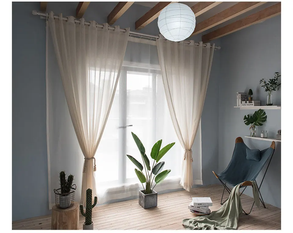 Beige Linen Stripe Sheer Tulle Curtains For Living Room Modern Curtains For Bedroom Window Voile Custom Curtains