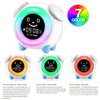 

Alarm Clock With 7 Colors Night Light Sleep Training Clocks Teach Children Time to Wake up For Kids USB Charging Rechargeable