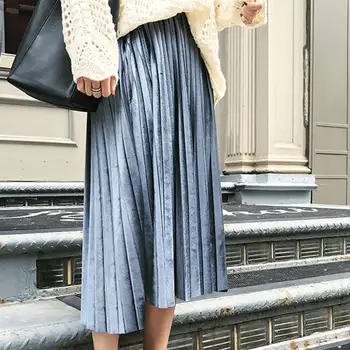 

Spring 2019 Women Long Metallic Silver Maxi Pleated Skirt Midi Skirt High Waist Casual Party Skirt Vintage Pleated Long Skirt