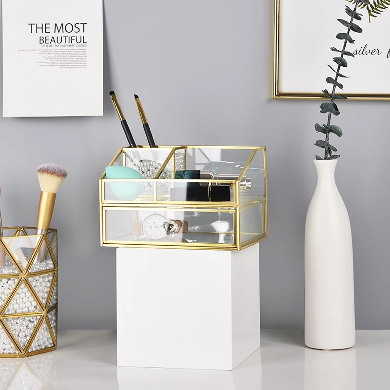 2020 New Fashion Glass Makeup Brush Storage Box Jewelry Box Cosmetic Tube Clear/Gold Makeup Organizer With Drawer