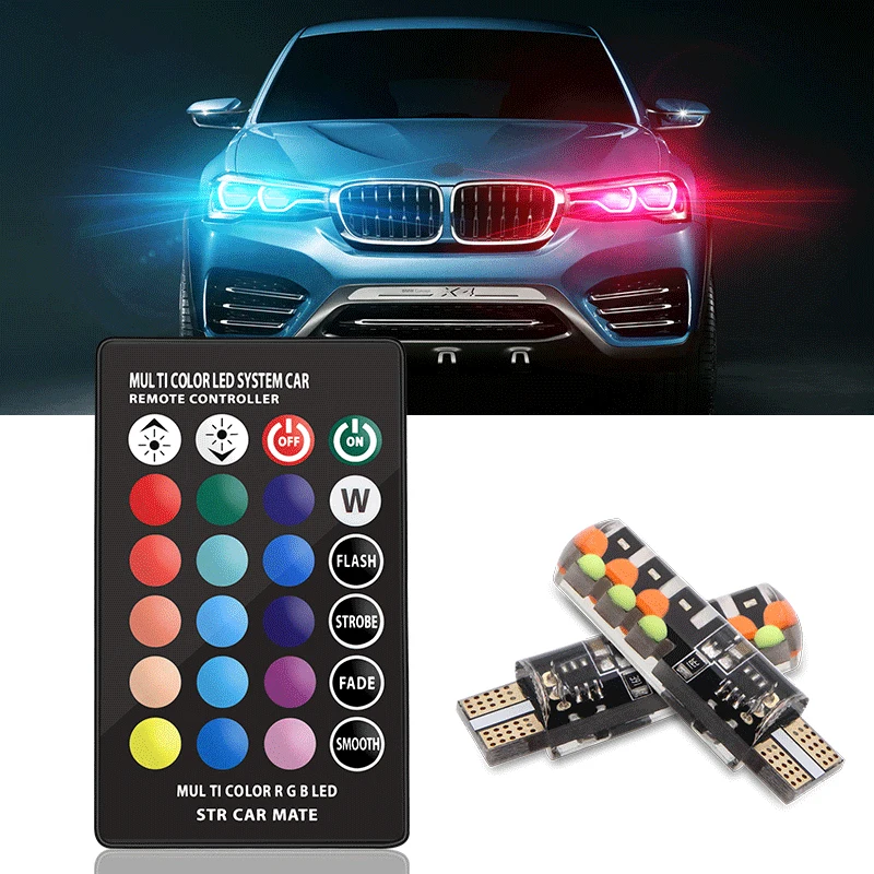 Led W5W T10 RGB габаритный свет универсальный автомобиль RGB COB 12SMDs красочные многорежимные автомобильные лампочки с пультом дистанционного управления