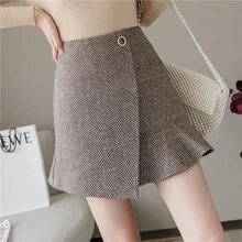 Новые осенние зимние шерстяные клетчатые полосатые женские юбки корейский стиль Элегантный Кружева Высокая талия мини юбка женская короткая юбка