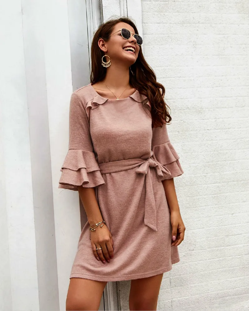 Uguest Office Lady Big Women Mini Dress Ruffles Cotton Sashes A-line Half Butterfly Sleeve Round Neck Empire Casual Summer Dress