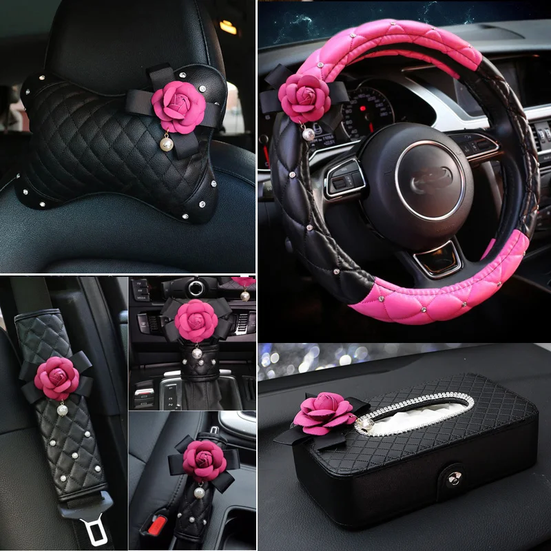 Rose Camellia Crystal Leather Car Interior Set 1