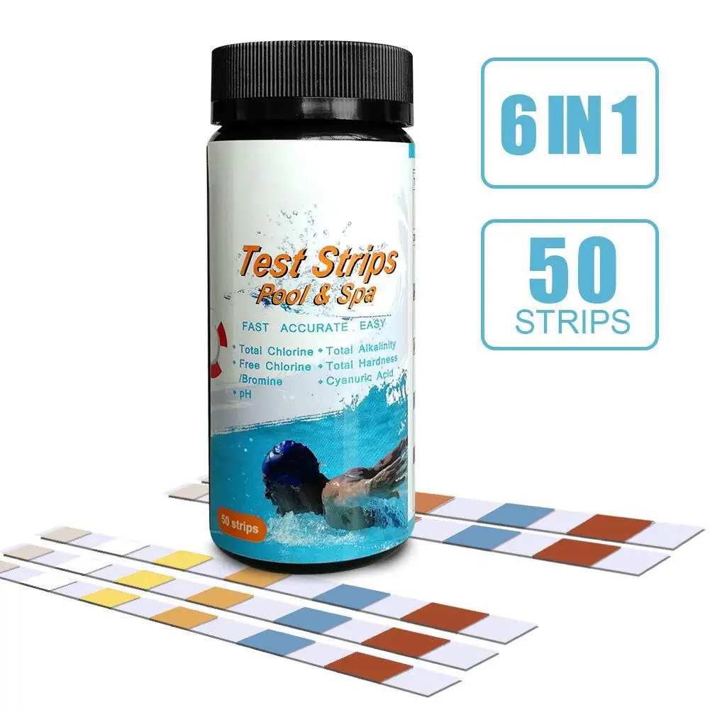 

50pcs 6-In-1 Swimming Pool Test Paper chlorine PH Value Alkalinity Hardness Test Strip for Hot Tub Water Quality Measuring