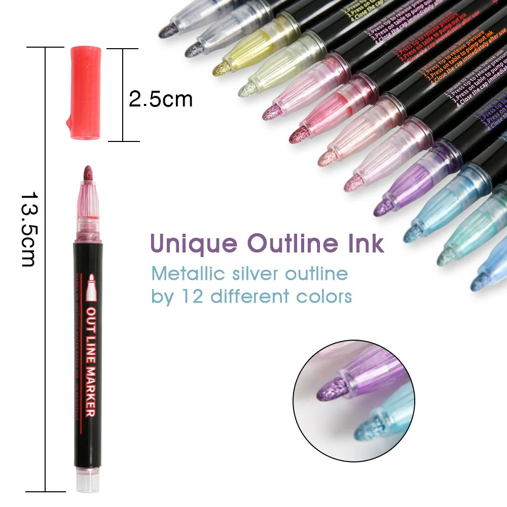 8/12 Colors Outline Metallic Markers Double Line Magic Shimmer