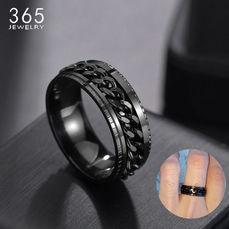 Anillo de cadena giratoria Punk para hombre, de 8mm, con textura de neumático de acero inoxidable, color negro, regalo de joyería, 1 Uds.