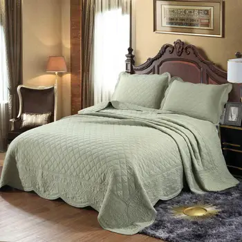 

Free shipping solid color pea green khaki white cotton knurling patchwork quilt full queen king size 3pcs bed cover/bedspread H