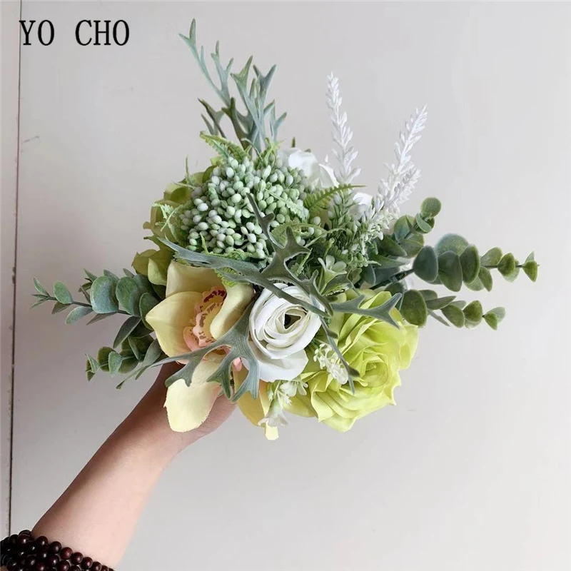 YO CHO искусственный букет невесты цветок Шелковая Роза Гортензия Орхидея Лаванда Георгин лист эвкалипта стагорн папоротник свадебный букет