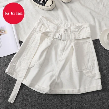 

2020 new jeans women summer white pink loose shorts women tied belt waist waist